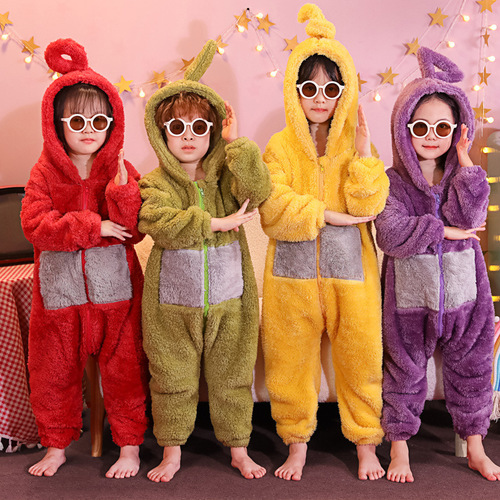 Autumn and winter children's flannel pajamas for boys and girls and baby anti-kick thickened coral velvet one-piece home clothes