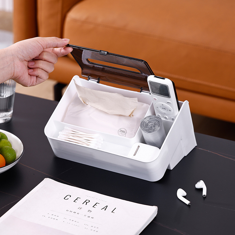 Caja de tejido de boca oblicua sala de estar caja de almacenamiento de escritorio mesa de café control remoto teléfono móvil estante de almacenamiento de plástico con tapa acabado compartimento