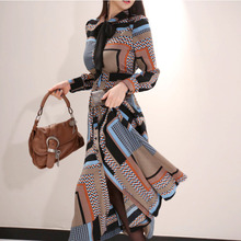 7343欧韩跨境外贸女装批发OL气质衬衫式收腰印花中长款大摆连衣裙