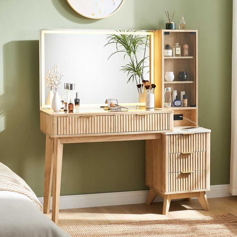 Modern style groove makeup dresser with large mirror and lamp, with 5 drawers and adjustable shelf Modern style groove makeup dresser with large mirror and lamp, with 5 drawers and adjustable shelf