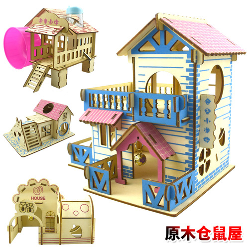 Log hamster house double-story single-family villa large flat-floor basswood board laser small pet climbing frame golden bear staircase