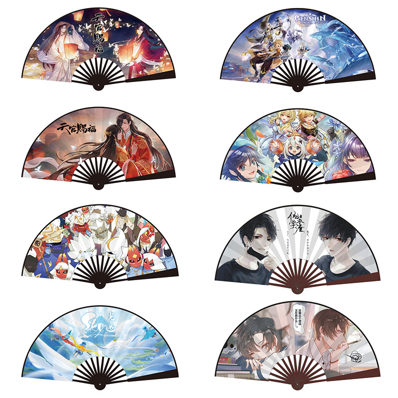 Anime and Cartoon Style Folding Fan with Summer Cool Japanese Silk Fabric, 8-inch Simple Design, features "Two-Harvest Dog" and "Heavenly Official's Curse Return"