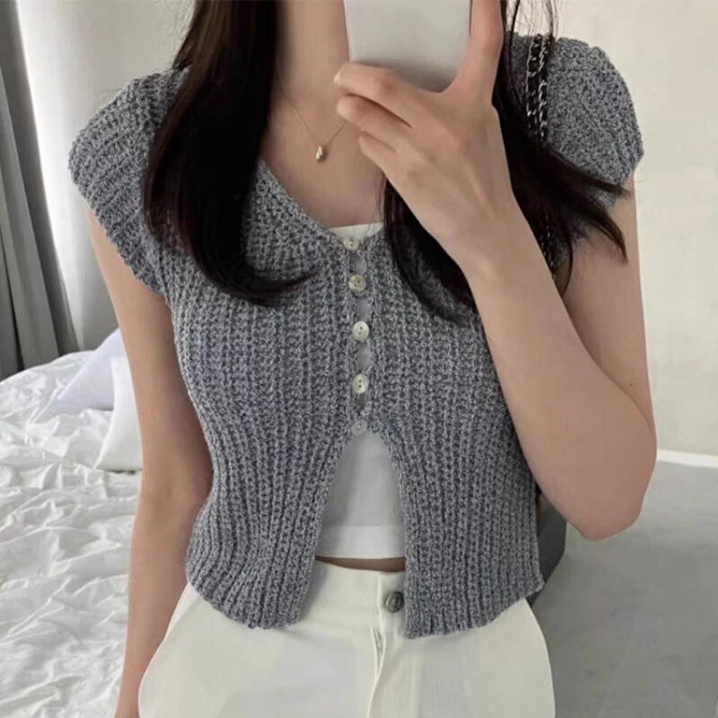 South Korea Chic Summer New Niche All-match V-neck Buckle Split Design Slimming Hollow Short-sleeved Sweater for Women