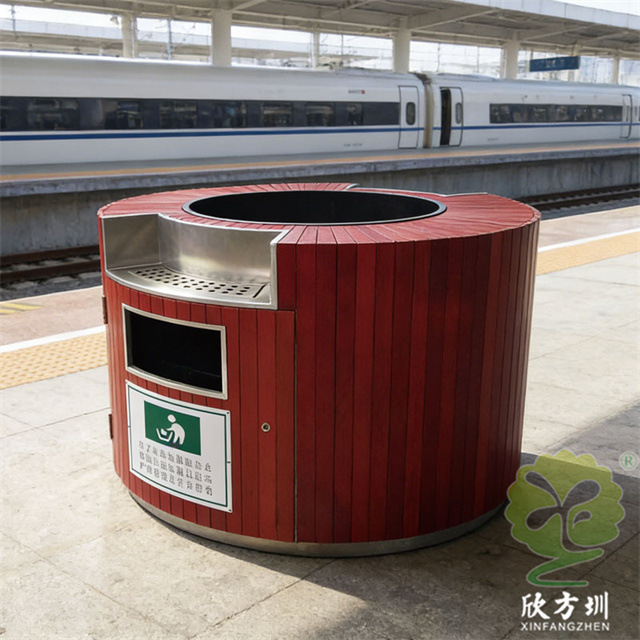 Train high platform high-speed railway station galvanized square pipe steel wood classification trash can recycling box smoke extinguishing flower box
