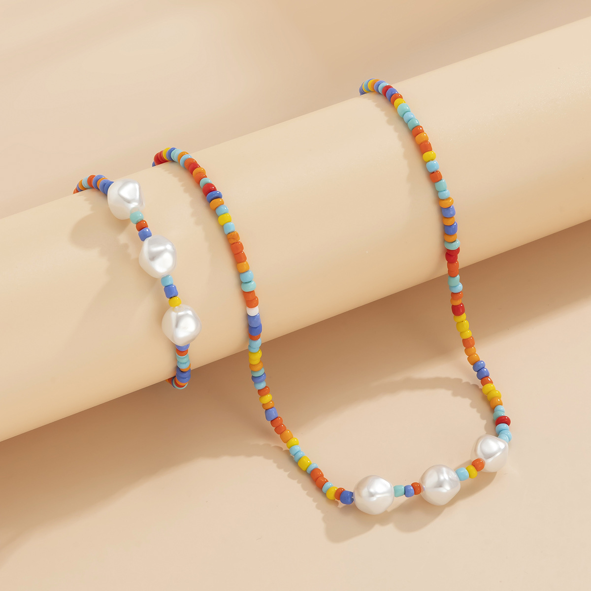 Europe And America Cross Border Jewelry Pastoral Color Matching Beaded Hand-woven Bead Necklace Retro Imitation Pearl Necklace Suit display picture 4