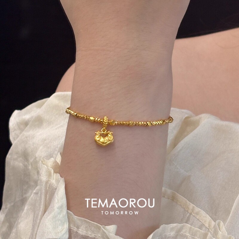 Flash! Small Weight Mini Lotus Lock Bag Pendant Cat's Eye 3mm Ultra-Fine Bouncy Gold Bead Bracelet for Women New Chinoiserie