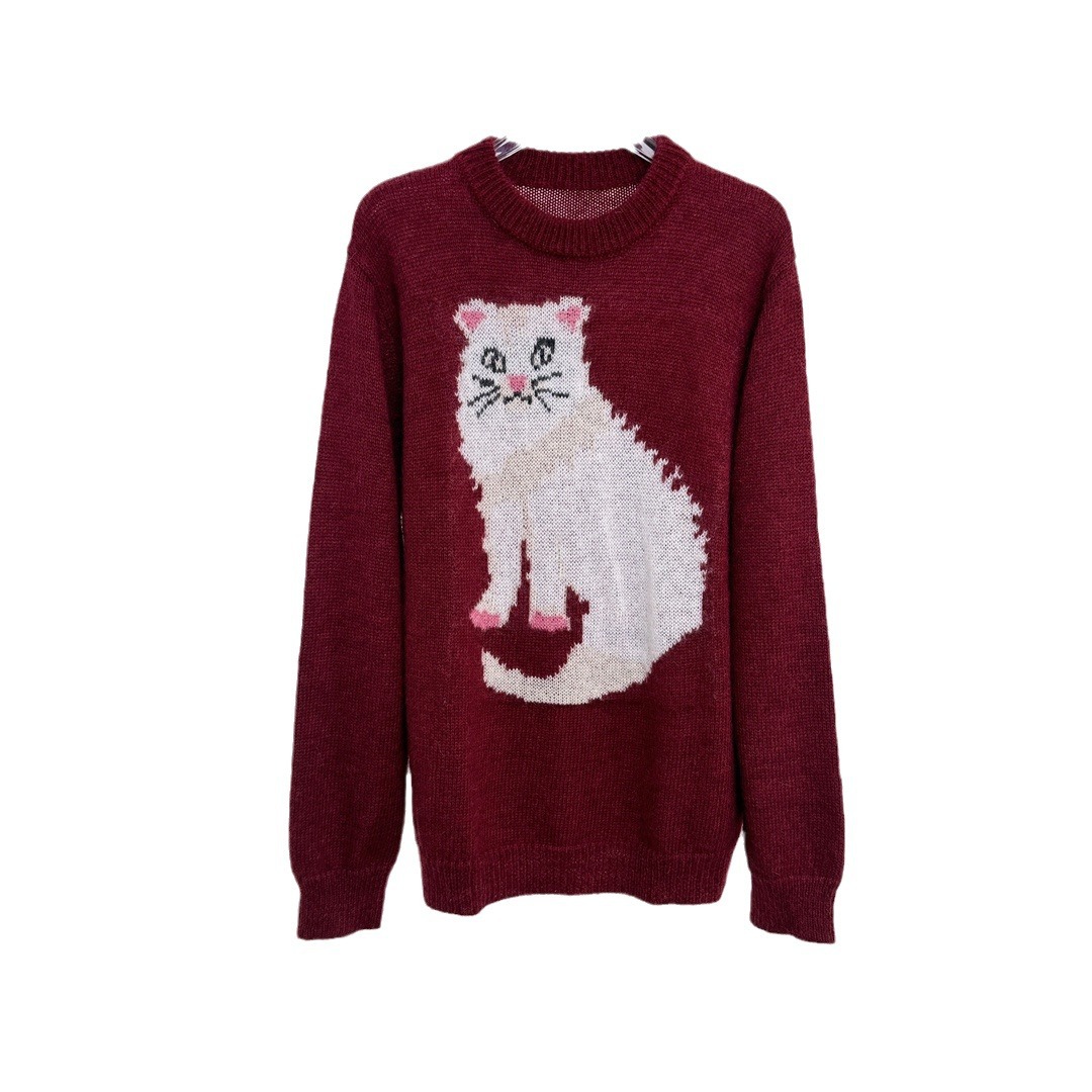 (2개) NANYOU 스트레이트 배치 MA 가족 2024 가을과 겨울 유행 고양이 자카드 풀오버 크루 넥 모헤어 니트 스웨터 여성