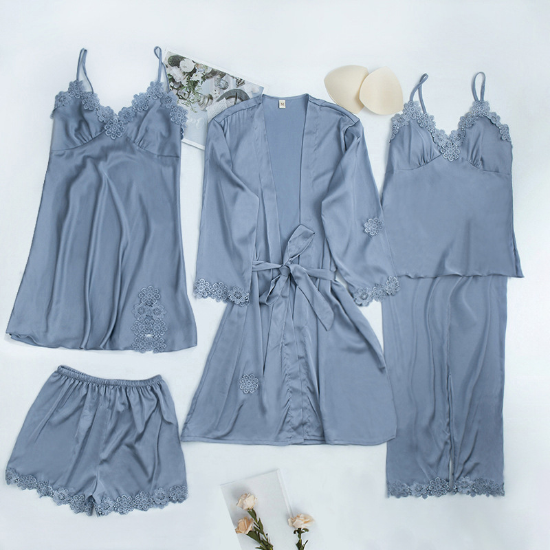 Yaoting-pijamas de gasa satinada para primavera y verano, conjunto de cinco piezas de seda helada, ropa de casa sexy informal y sencilla con almohadillas para el pecho