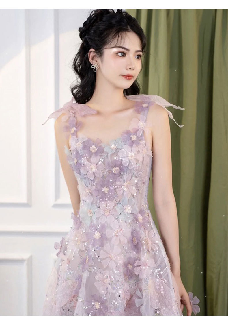 Women's Purple Lace Floral Banquet Dress High-End Slip Dress Light Luxury Niche Style New Fashion For Wedding Party Wear_ecoleips.com