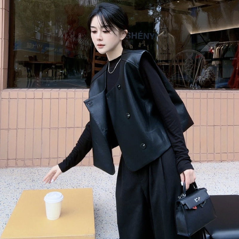 2025秋季黑色短款皮衣马甲外套女设计感时尚宽松无袖叠穿坎肩上衣|undefined