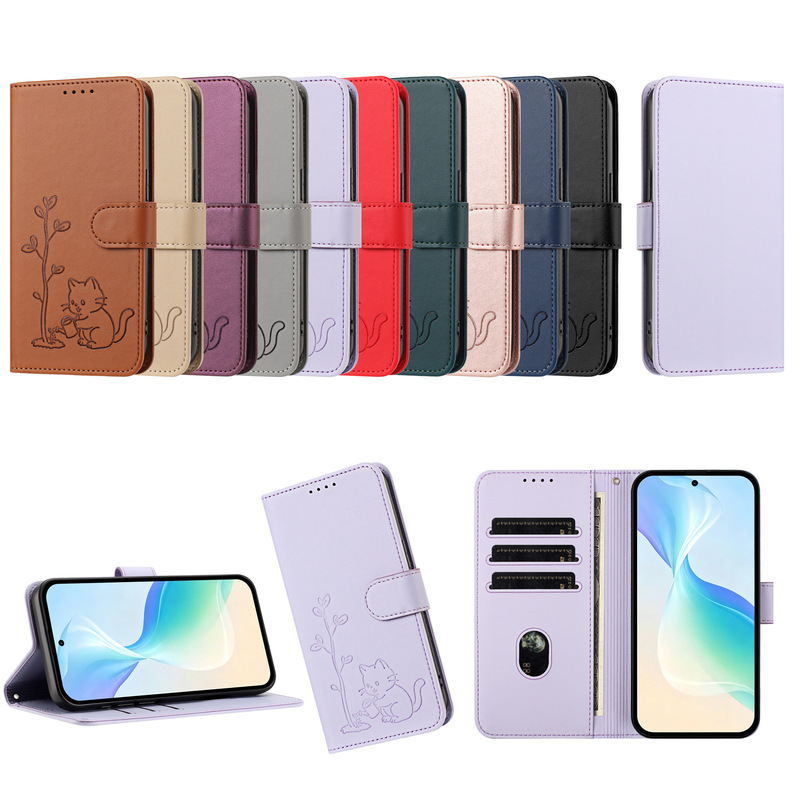 Suitable for Samsung S26 Fe Leather Case S26Ultra Cartoon Kitten Watering the Tree Solid Color Card Wallet