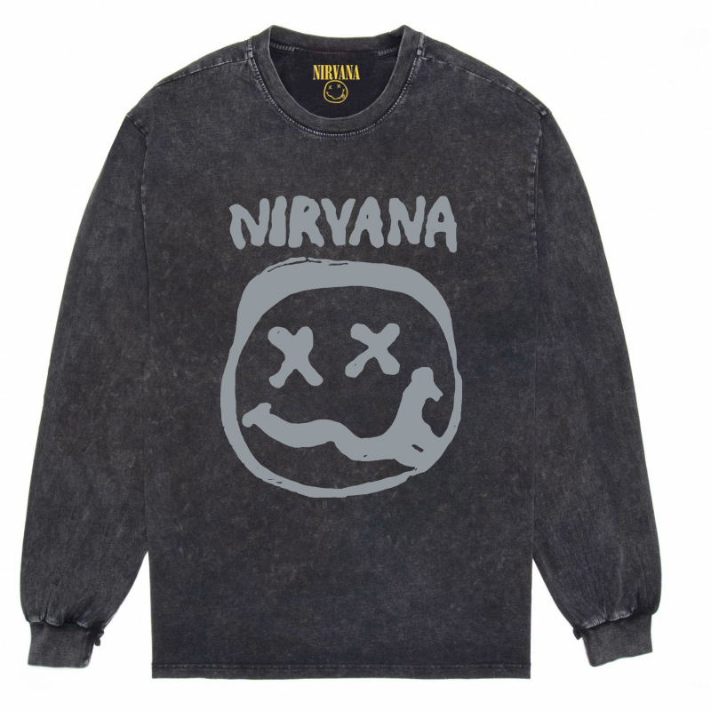 Nirvana Vintage American retro apenado rock punk angustiado lavado batik Camiseta de manga larga