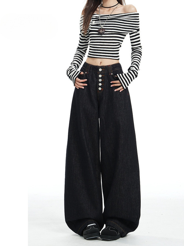 Original Raw Denim Scimitar Jeans for Women, 2026 New Model, Button-Front Placket with Contrast Stitching, Wide-Leg Jeans