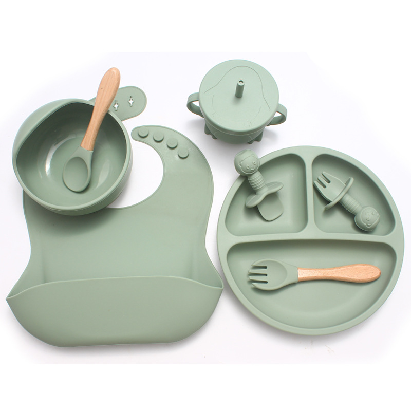 Amazon ベストセラー子供用食器セットスマイリーフェイスシリコンディナープレート離乳食ボウルよだれかけスプーンとフォーク卸売