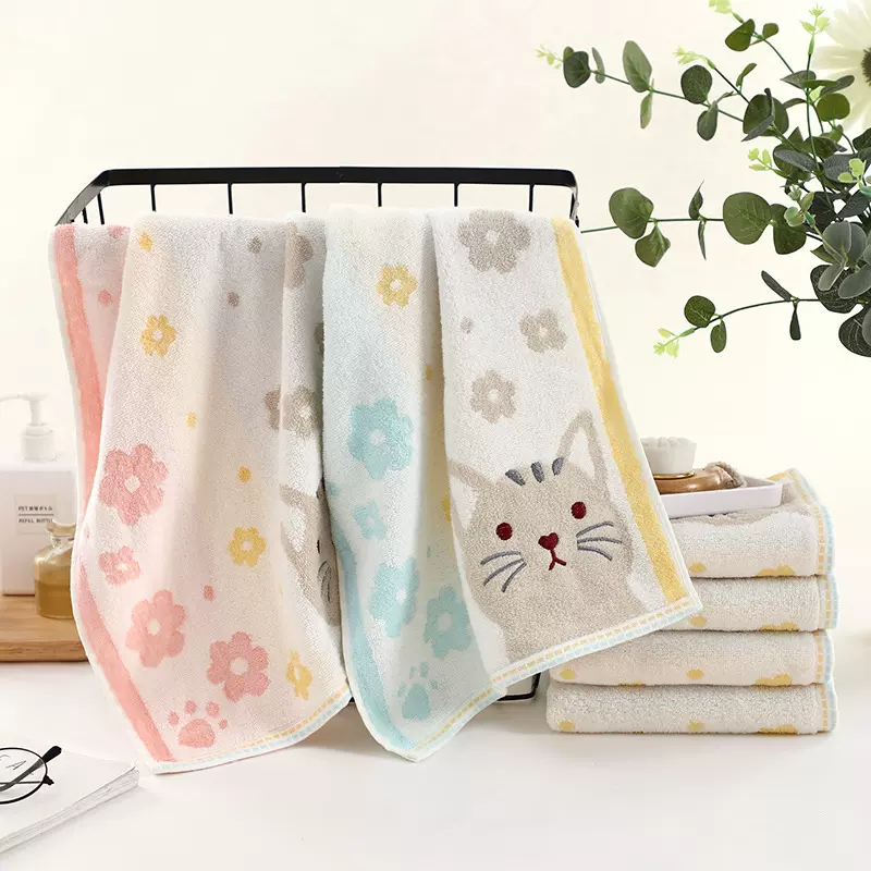 图强厂家批发色织刺绣可爱卡通猫毛巾提花不掉毛柔软亲肤家用毛巾