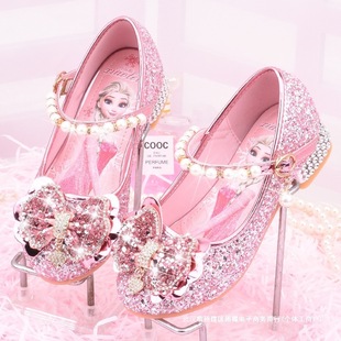 Girls Leather Shoes Elsa Princess Shoes Spring and Autumn New Children High Heels Frozen Crystal Shoes Model Shoes