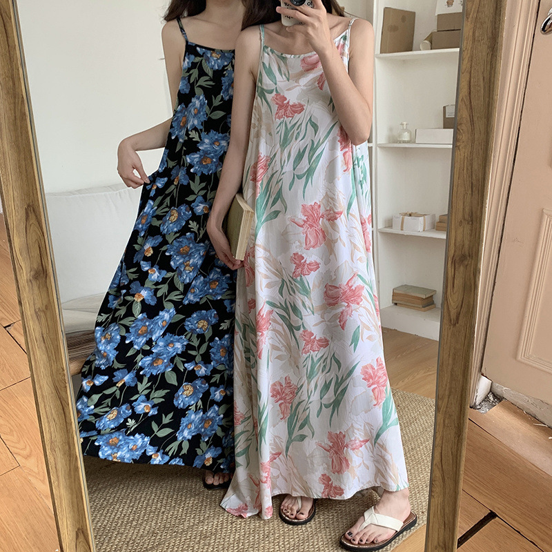 Tall Women's Suspender Nightgown, Cotton Silk Summer Ultra-Thin, Cool and Long, Sexy Skirt That Reaches the Ankle and Can Be Worn Outside