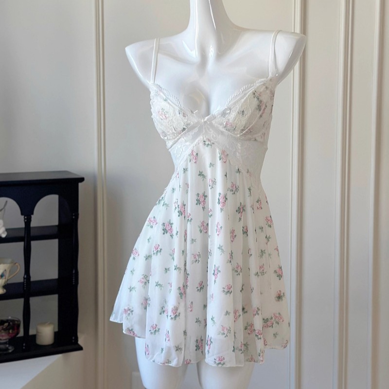 Wholesale Cross-Border Sweet Sexy Pure Lust Style Suspender Nightgown with Breast Pad Mesh Printed Lace Sexy Pajamas for Women