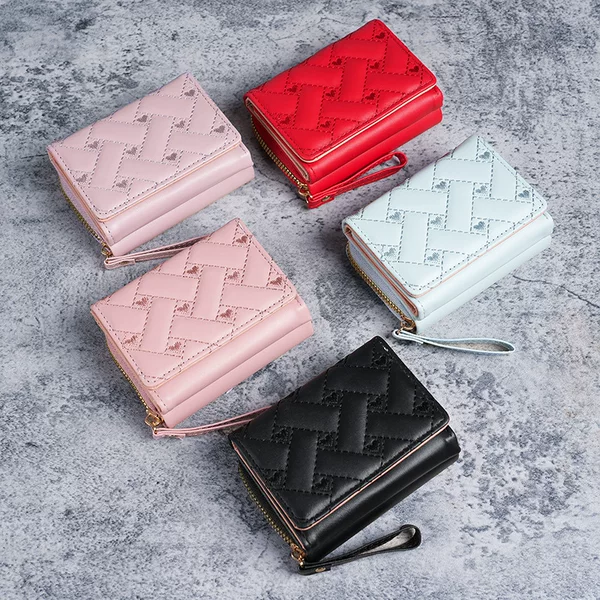 Factory New Model Women's Wallet, Short Style, Simple Embroidered Heart Design, Pu Coin Purse, Multi-Card Slot Small Wallet, Money Clip, Card Holder