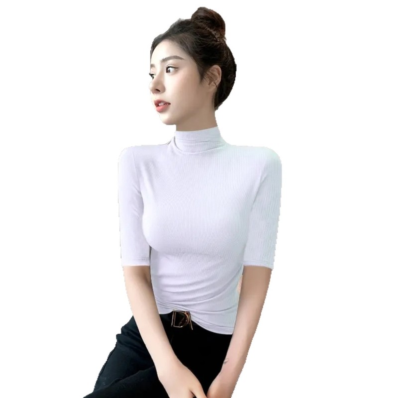 黑色螺纹方领中袖打底衫女内搭修身T恤显瘦气质五分袖洋气上衣服|undefined