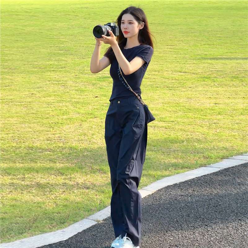 深圳南油套装女夏季洋气显瘦正肩T恤速干工装裤薄款跑步服两件套|undefined
