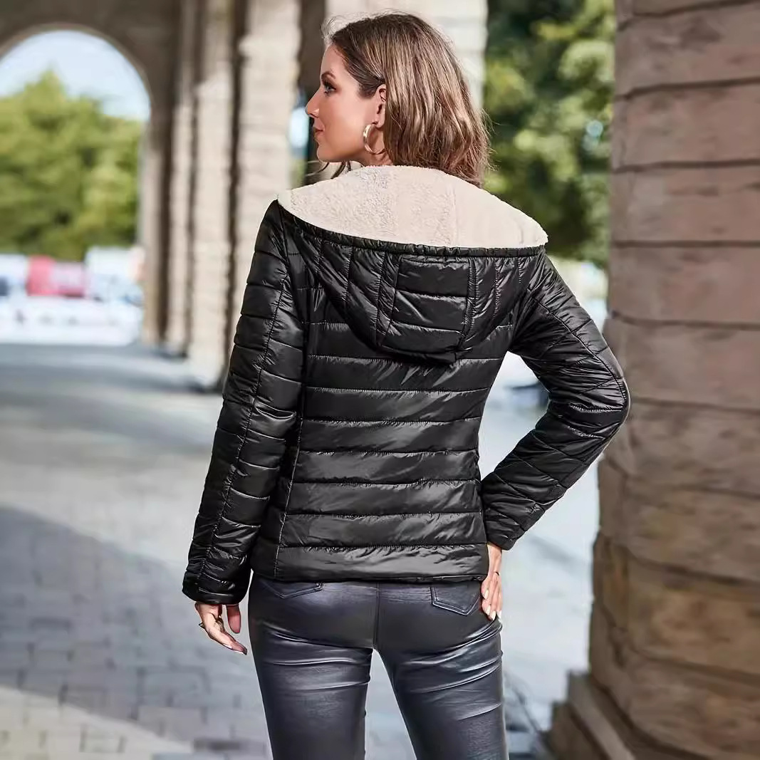 Ropa de mujer Nuevo abrigo de algodón de terciopelo con capucha de estilo corto y estilo caliente de otoño e invierno, tops de piel de cordero cálidos, chaqueta de mujer_voghion.com