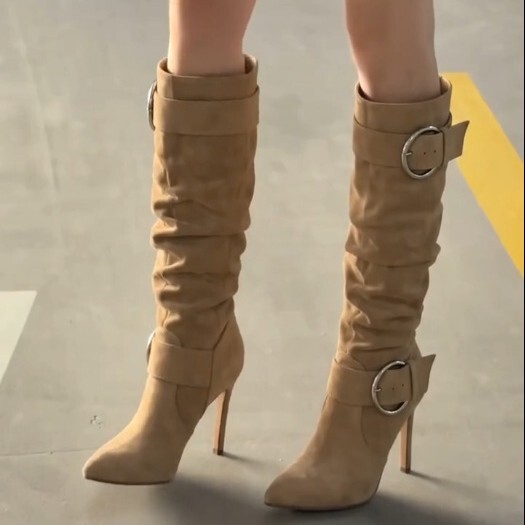 2026 Fall/Winter New Suede Metal Buckle Pointed Toe Long Boots for Women, Stiletto Heel Western Boots, Slip-On Stack Boots 2026 Fall/Winter New Suede Metal Buckle Pointed Toe Long Boots for Women, Stiletto Heel Western Boots, Slip-On Stack Boots
