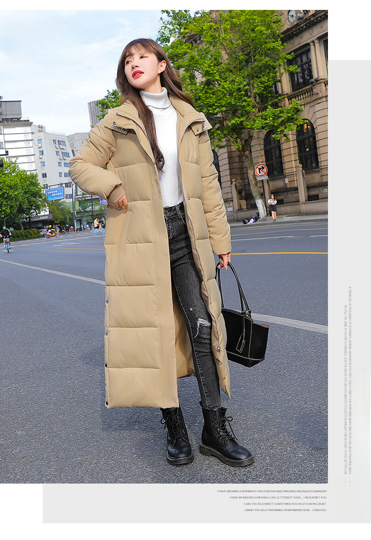 Long over-the-knee hooded Warm jacket jacket women's winter coat thickened warm over-the-knee solid color casual slim-fit cotton-padded jacket fashion_voghion.com