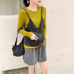 韩版秋冬2024两件背心吊带百搭洋气气质长袖磨毛德绒t恤女ins上衣