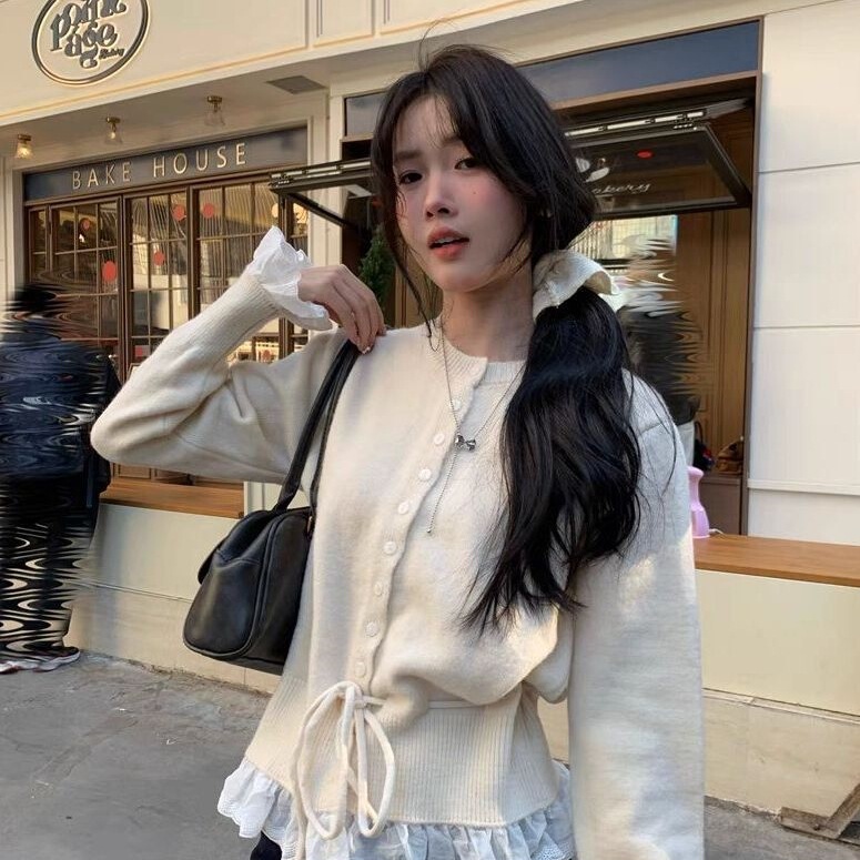 韩系荷叶边设计感毛衣女开衫2025春秋季新款洋气圆领针织上衣外套|undefined