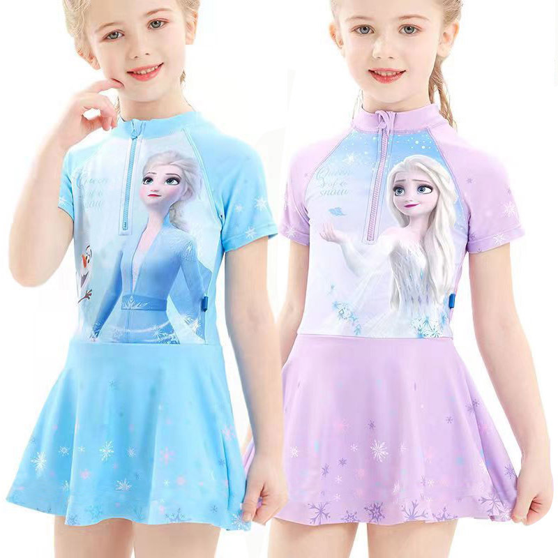 New Children's Swimsuit Girls Quick-Drying One-Piece Middle and Large Children's Student Skirt Style Frozen Elsa Princess Swimsuit