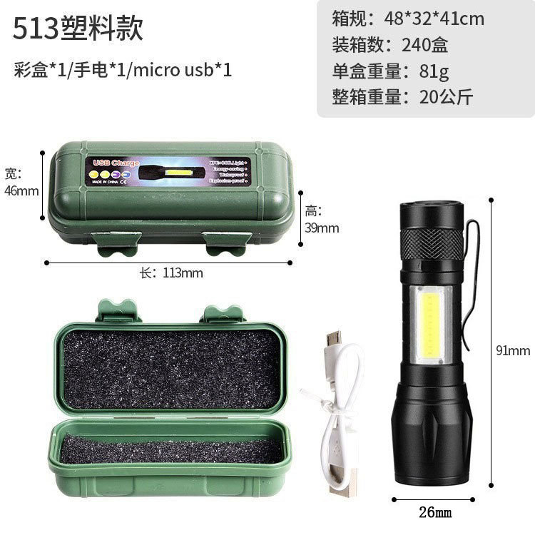 Luz fuerte transfronteriza mini linterna, cob luz lateral, zoom portátil, led