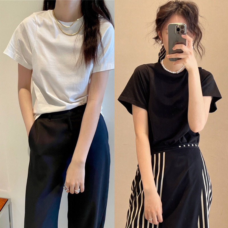 [Kui Qing 80] Narrow Shoulder Wearing TO Handy Curve Cut Soft Hanging Silk Cotton Simple Slim Fit Short Sleeve T-shirt