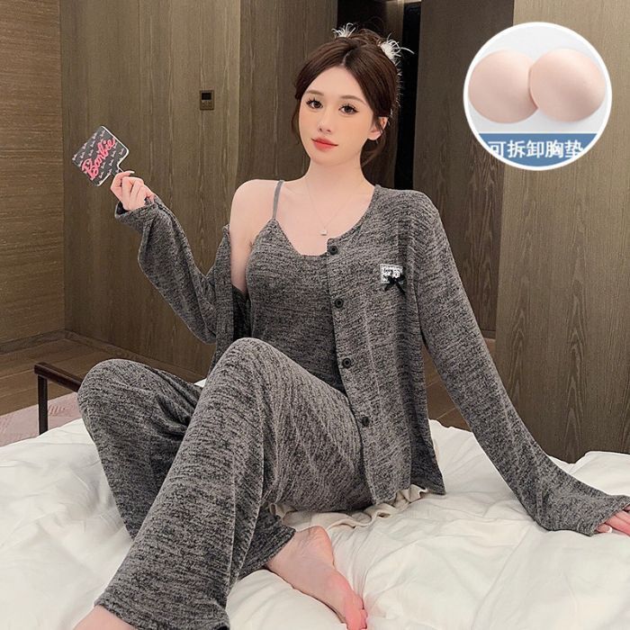 绵羊绒睡衣女秋冬季带胸垫韩版ins风开衫长袖三件套家居服可外穿|undefined