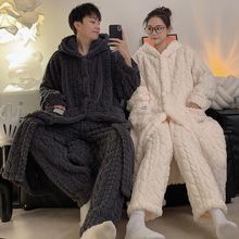 简约长毛绒连帽睡袍裤子情侣睡衣加厚法兰绒两件套家居服pajamas