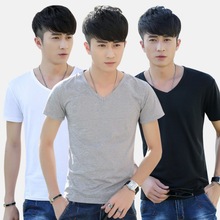 2024夏装新款纯白色V领男士短袖T恤男半袖纯色修身打底衫简约外贸