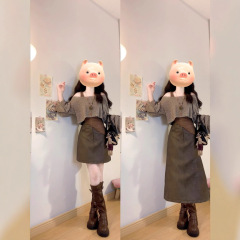 大码复古吊带背心+遮肉罩衫套装女秋季胖mm显瘦高腰半身裙三件套