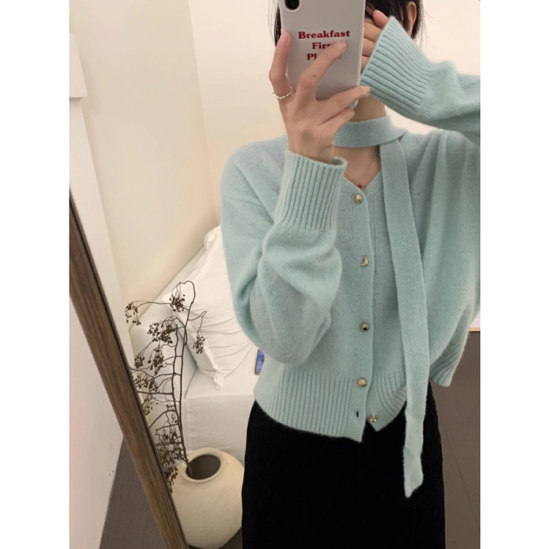 秋别致冬新款韩系飘带挂脖浣熊绒穿搭毛衣女外套温柔灰色针织开衫|undefined