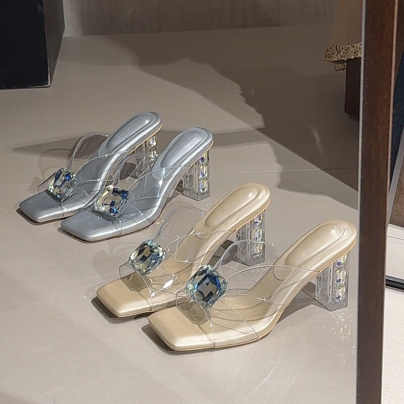 Square-Toe Transparent One-Strap Rhinestone Sandals for Women 2026 Summer New Style Thick-Heeled Crystal Shoes Sexy High-Heeled Sandals Square-Toe Transparent One-Strap Rhinestone Sandals for Women 2026 Summer New Style Thick-Heeled Crystal Shoes Sexy High-Heeled Sandals