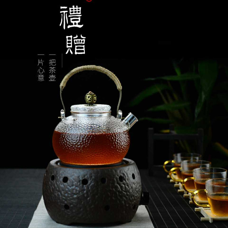 日式耐高温玻璃壶锤纹壶煮茶壶电陶炉专用蒸茶壶铜把玻璃提梁壶|ms