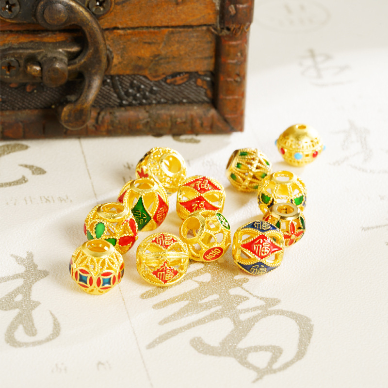 Guochao joyas de oro de arena de estilo antiguo de China perlas huecadas Fu ZiDi accesorios Yiwu joyas fuente al por mayor image 1