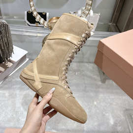 2025冬季新款时尚舒适系带马丁靴女侧拉链加绒保暖德训雪地靴女
