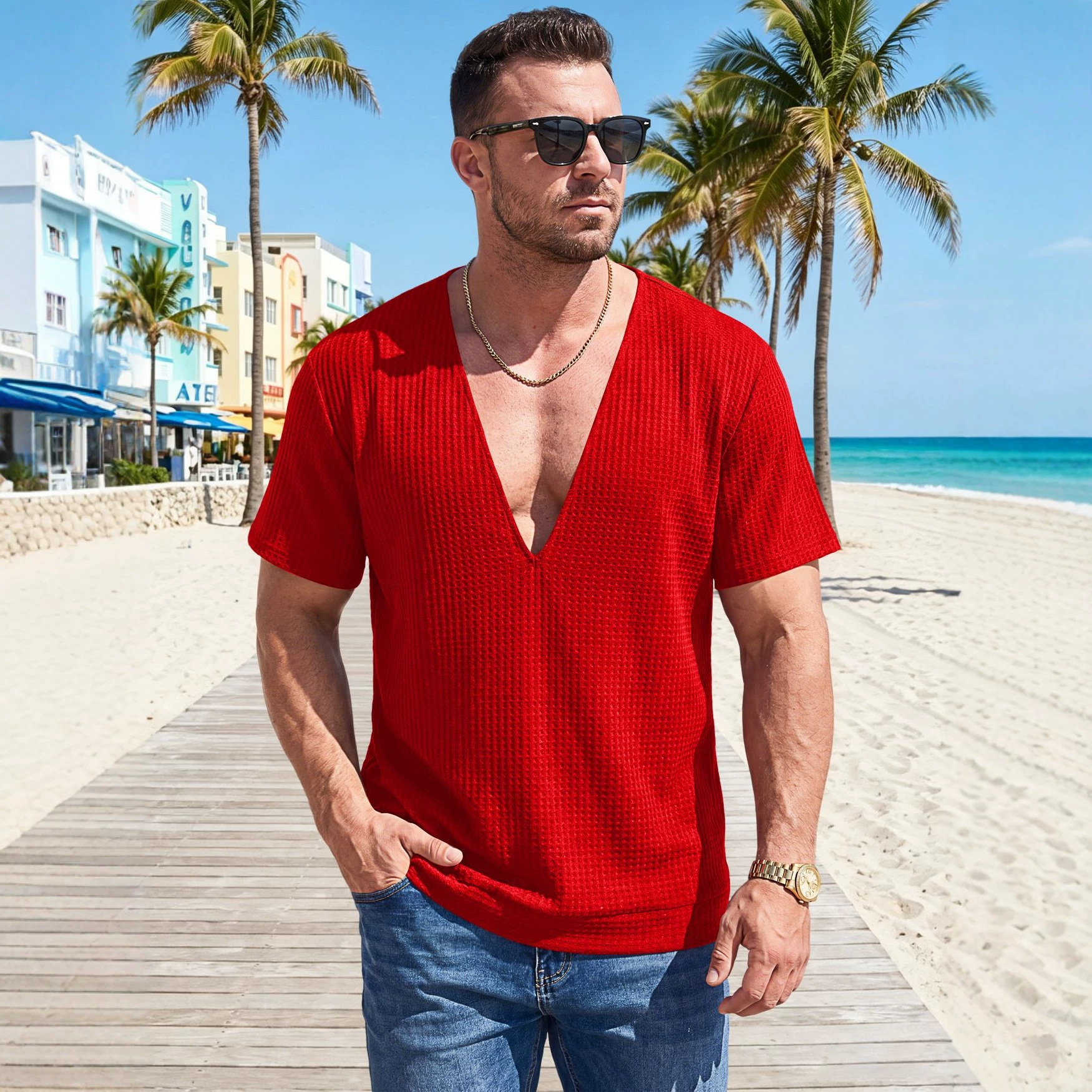 Comercio exterior transfronterizo de Europa y los Estados Unidos Wish hombre deportivo de verano acondicionamiento ocio V-collar elástico color sólido gran camiseta de manga corta