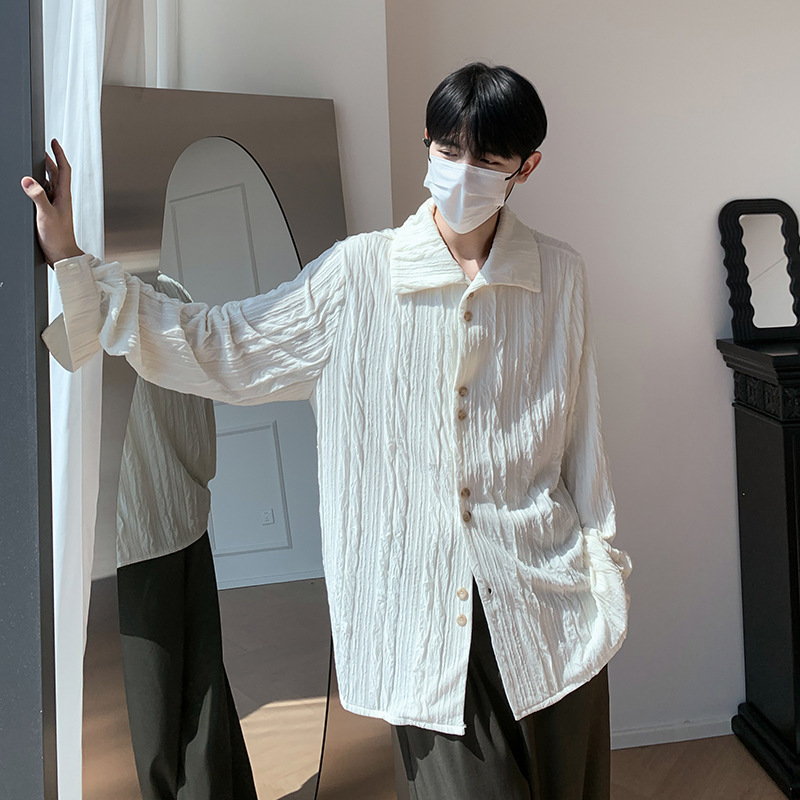 Light luxury turtleneck bottoming shirt men's French retro texture pleated lapel shirt spring high-grade stand collar long sleeve