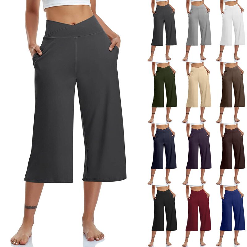 2025 European and American Women's Wide-Leg Yoga Pants Cross High-Waisted Cropped Pants Loose Solid Color Pocket Sports Pants