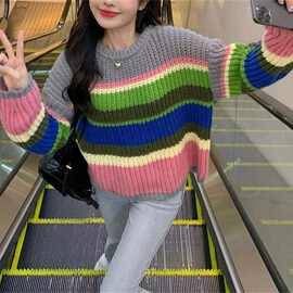 彩虹条纹宽松套头毛衣女秋冬新款韩版慵懒风甜美针织衫上衣女