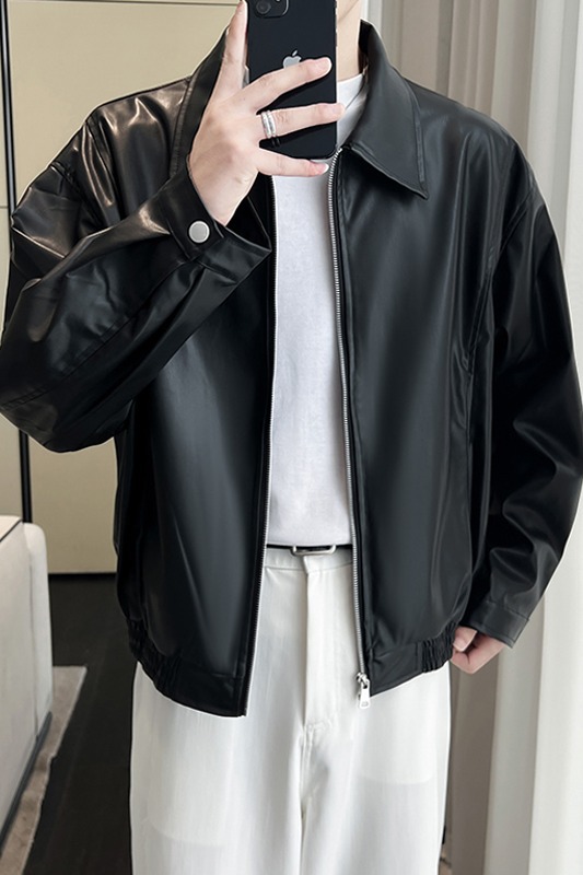 Men's Leather Jacket Black Loose Lapel Pu Leather Biker Style_voghion.com