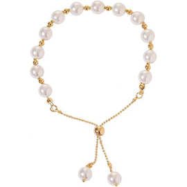 跨境亚马逊仿珍珠撞色金珠串珠手串 14k可调节手链婚礼伴娘礼物