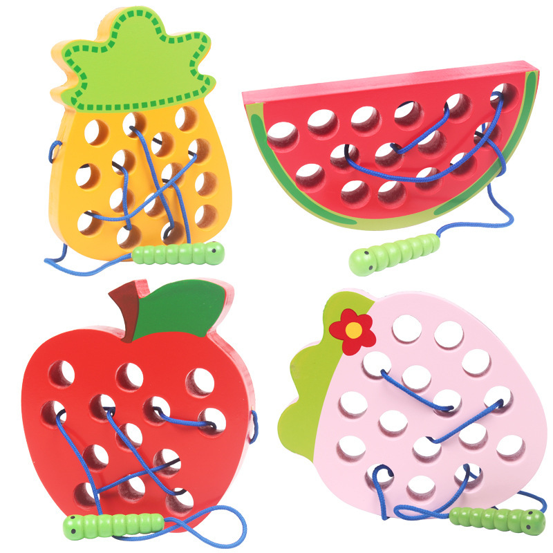 Juguetes educativos de madera Montessori para niños, juguetes educativos para enhebrar manzanas con insectos, juguetes de cuerda personalizados para enhebrar para edades de 4 a 6 años