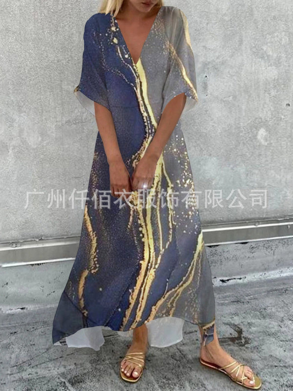 Cross-border foreign trade 2022 Amazon wish independent station casual printed V-neck half sleeve length dress women